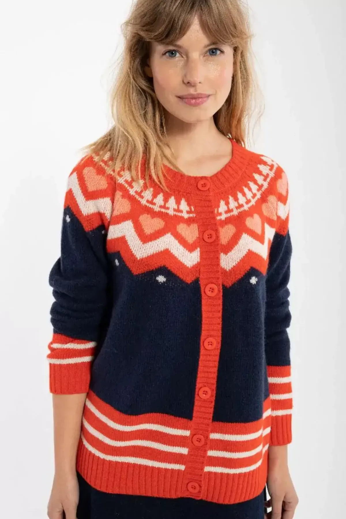 Danefæ Cardigan>Dananja Wool Cardigan Navy/Bright Red/Chalk