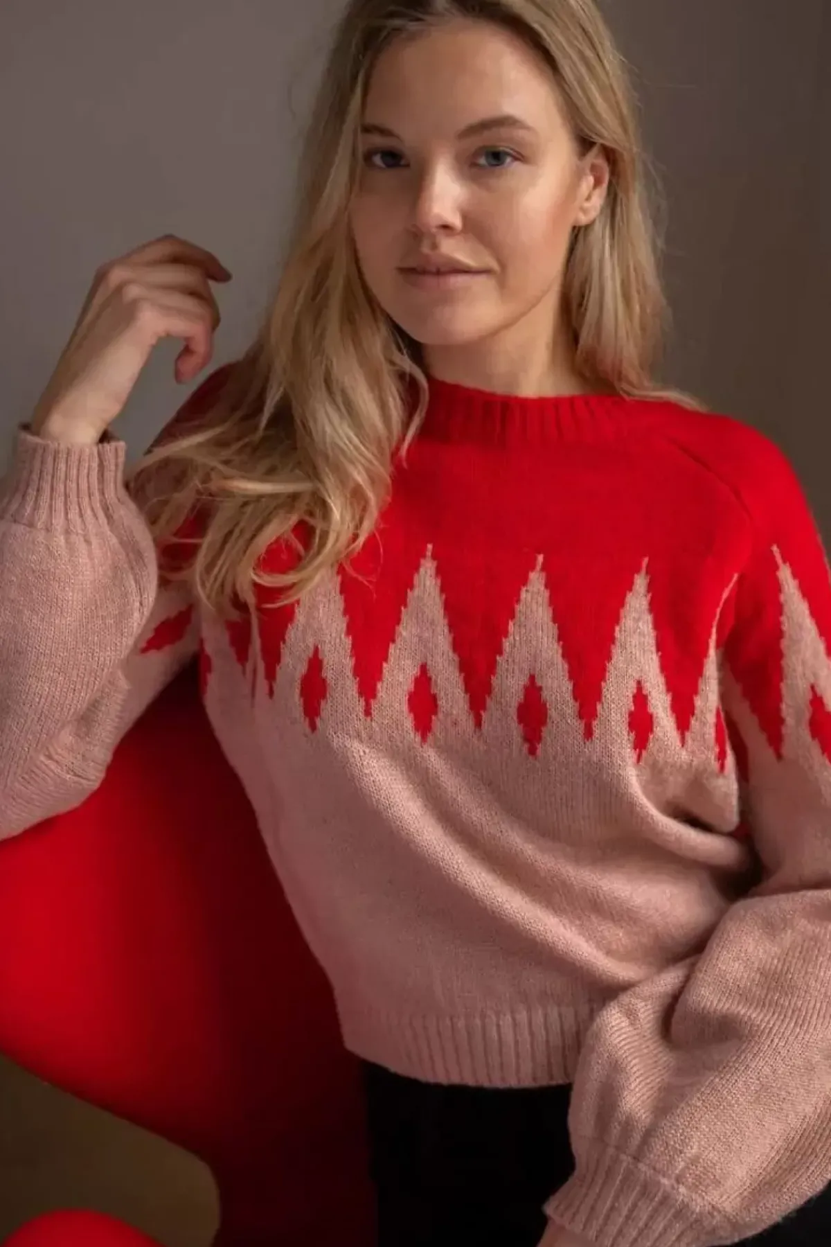 Danefæ Strickwaren>Danefantastic Icicles Wool Sweater Red/Powder Rose