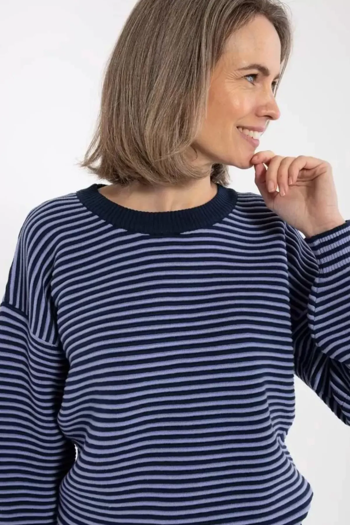 Danefæ Strickwaren>Danegold 3D Crotchet Knit Sweater Dark Navy/Ice Viola