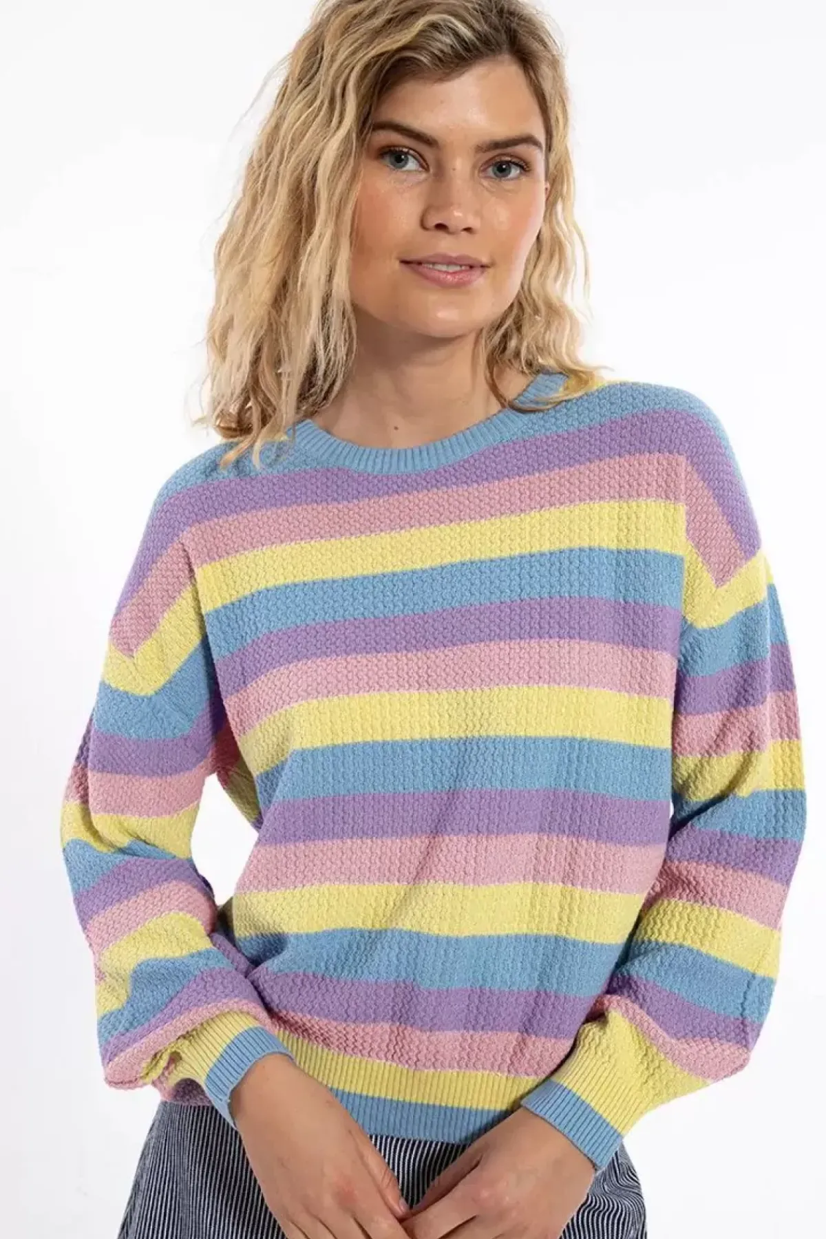 Danefæ Strickwaren>Danegold Pearl Knit Sweater Lt Blue/Lt Lilac/Pale Yellow
