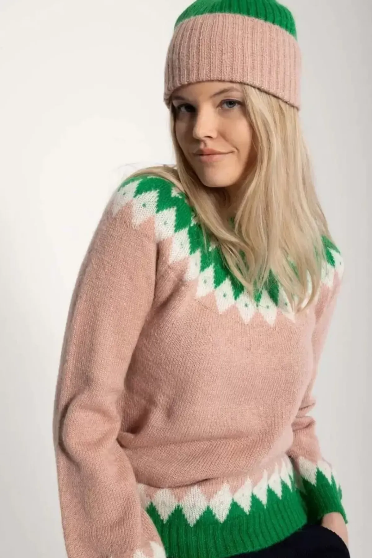 Danefæ Strickwaren>Danehot Stove Mohair Sweater Powder Rose/Chalk/Green