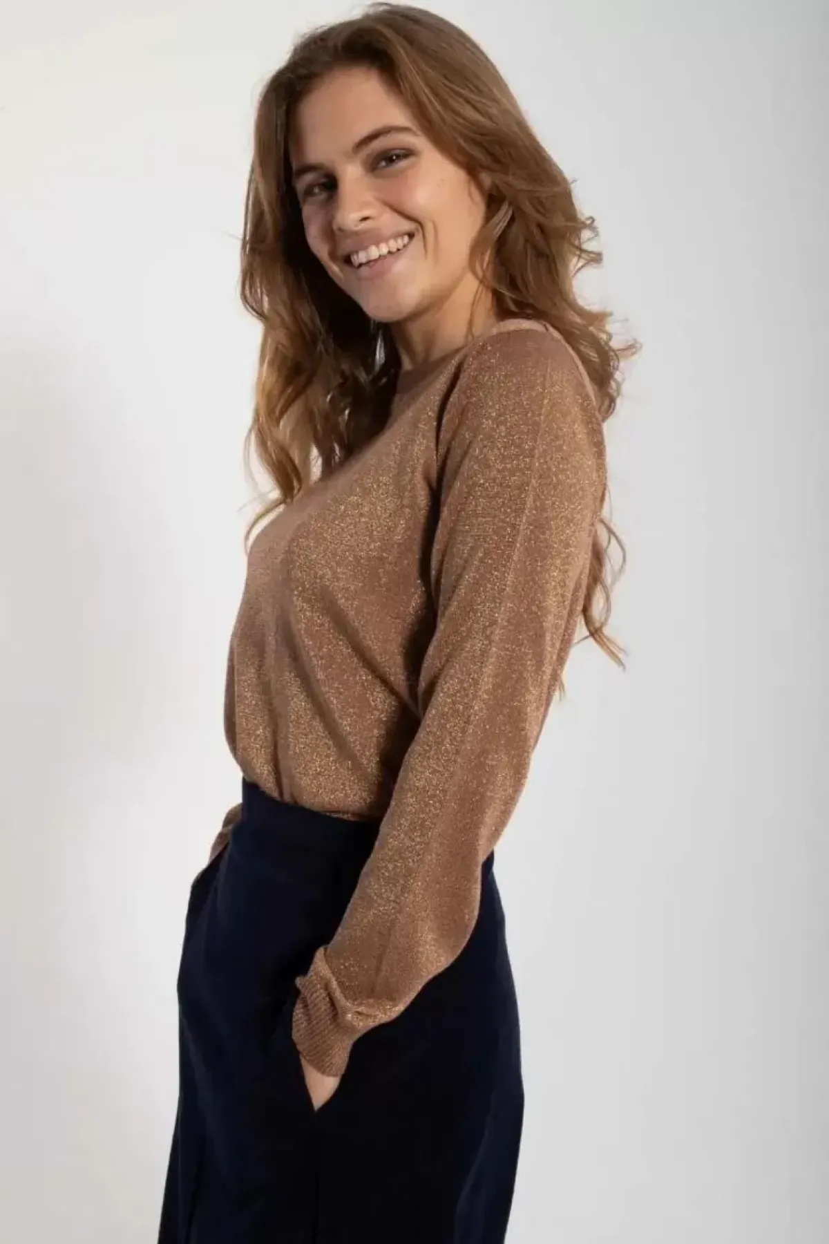 Danefæ Strickwaren>Danepearly Glitter Sweater Beige Rose W. Gold Glitter