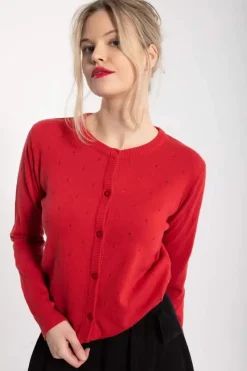 Danefæ Cardigan>Danesaga Hole Knit Cardigan Dk Red