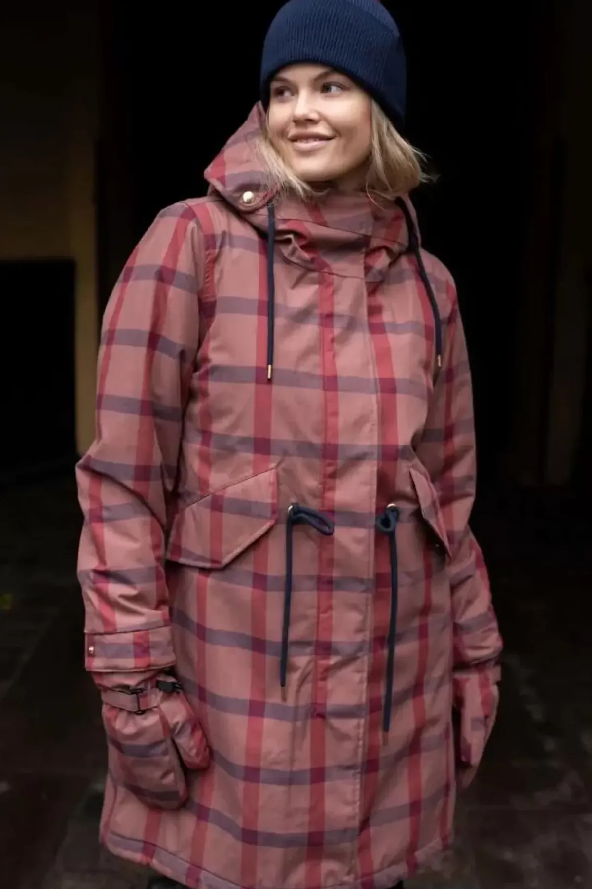 Danefæ Winterjacken>Danesvaneke Plaid Winter Parka Beige Rose/Dark Navy/Redwine