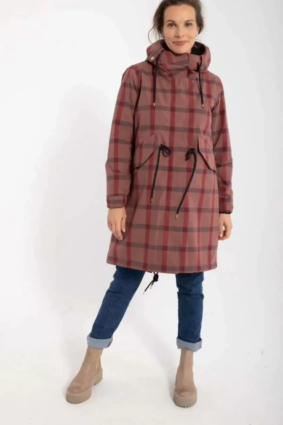 Danefæ Winterjacken>Danesvaneke Plaid Winter Parka Beige Rose/Dark Navy/Redwine