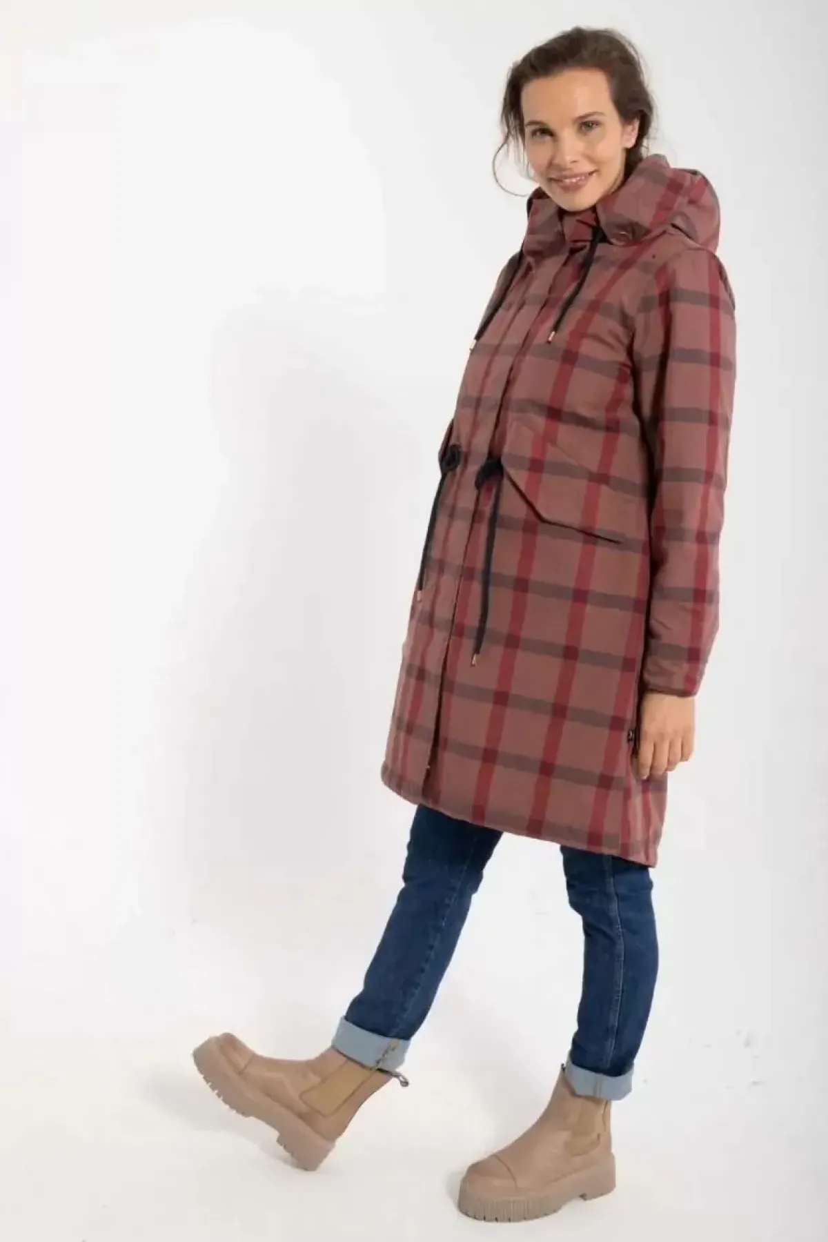 Danefæ Winterjacken>Danesvaneke Plaid Winter Parka Beige Rose/Dark Navy/Redwine
