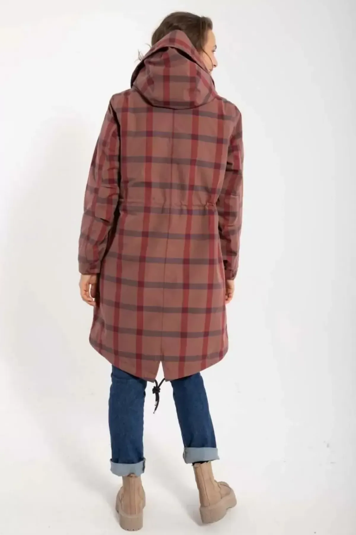 Danefæ Winterjacken>Danesvaneke Plaid Winter Parka Beige Rose/Dark Navy/Redwine