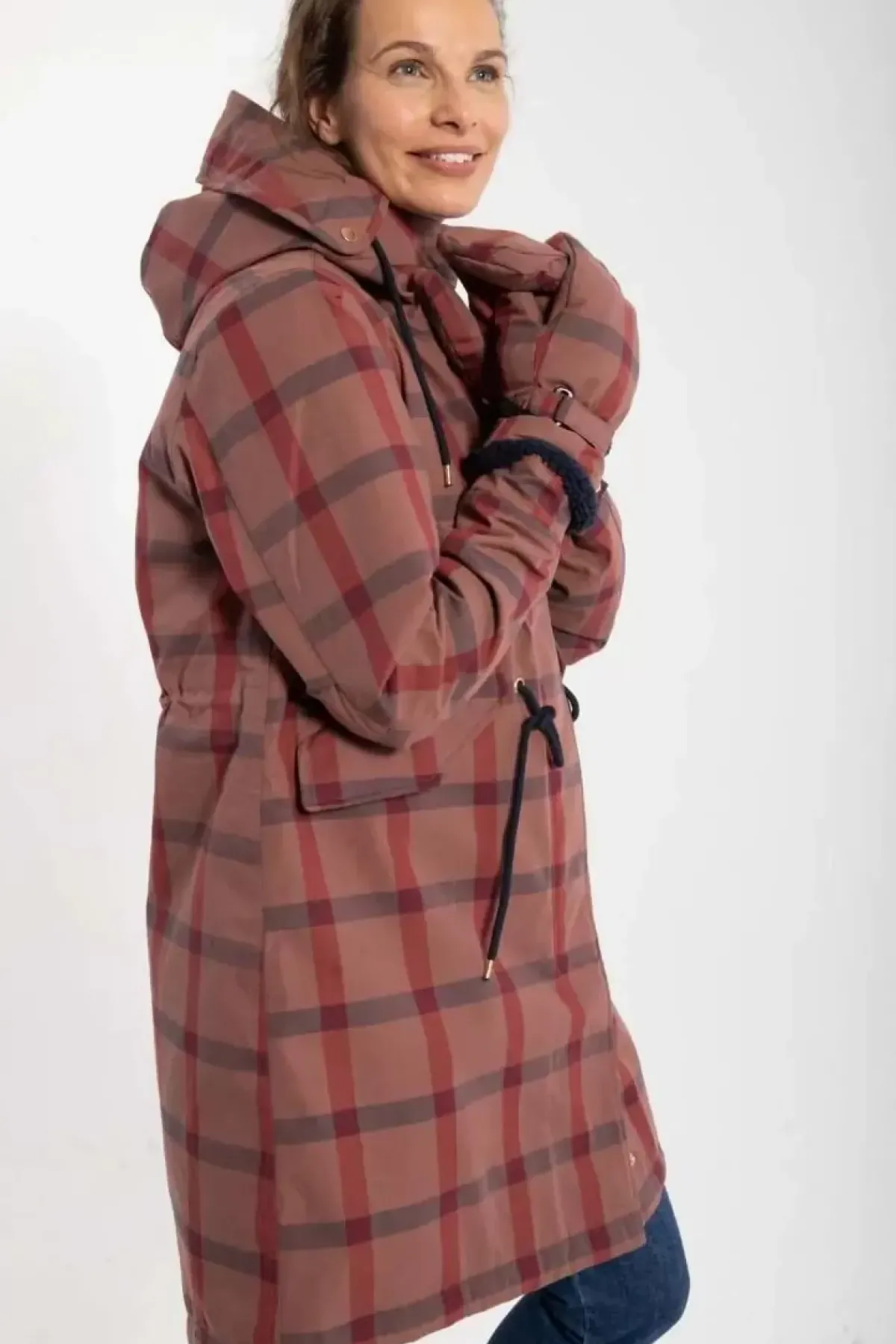 Danefæ Winterjacken>Danesvaneke Plaid Winter Parka Beige Rose/Dark Navy/Redwine