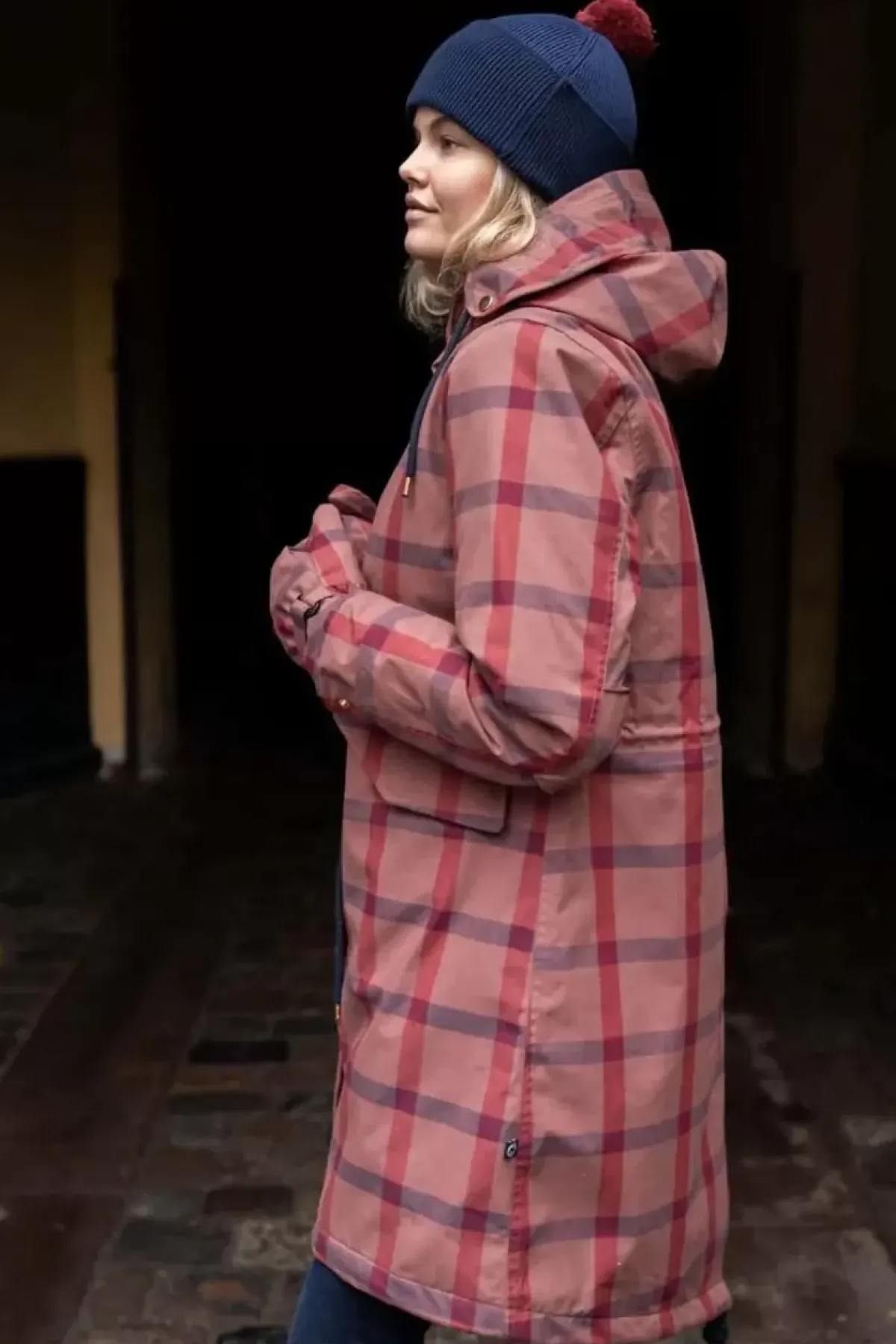 Danefæ Winterjacken>Danesvaneke Plaid Winter Parka Beige Rose/Dark Navy/Redwine