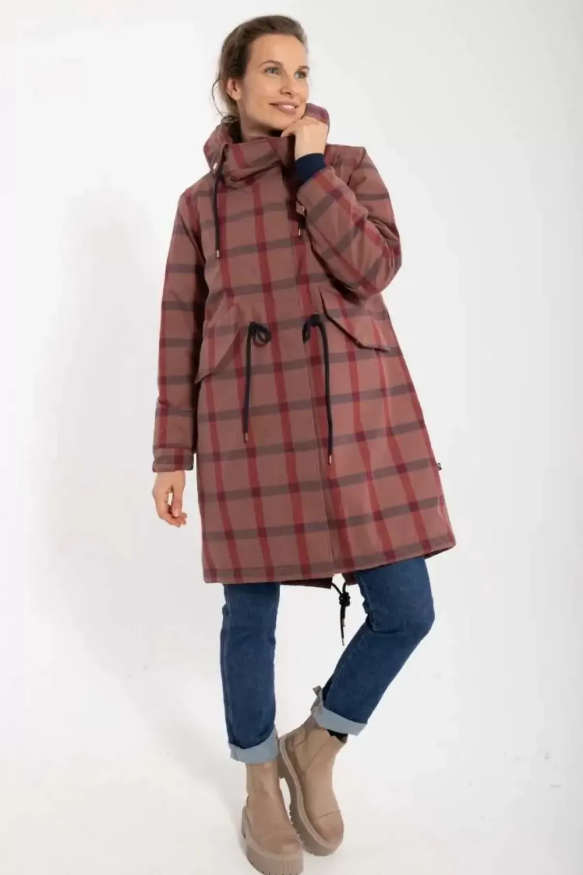 Danefæ Winterjacken>Danesvaneke Plaid Winter Parka Beige Rose/Dark Navy/Redwine