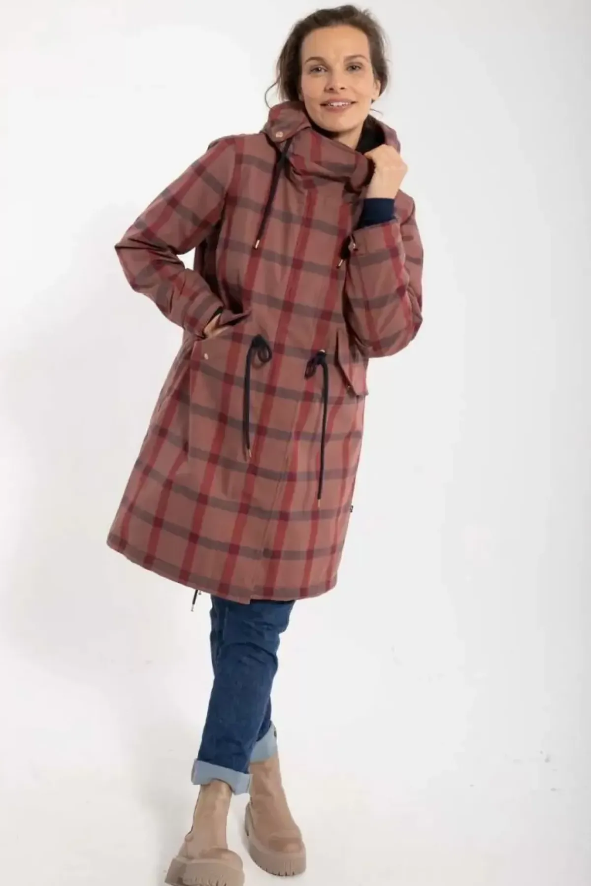 Danefæ Winterjacken>Danesvaneke Plaid Winter Parka Beige Rose/Dark Navy/Redwine