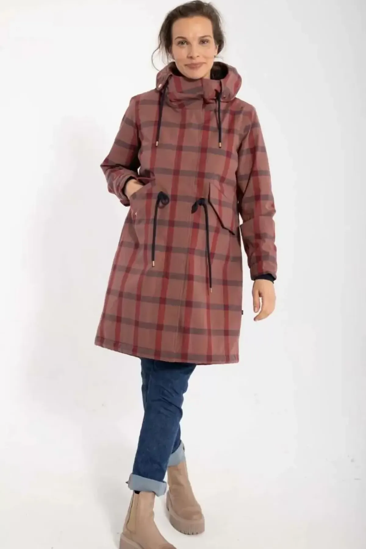 Danefæ Winterjacken>Danesvaneke Plaid Winter Parka Beige Rose/Dark Navy/Redwine